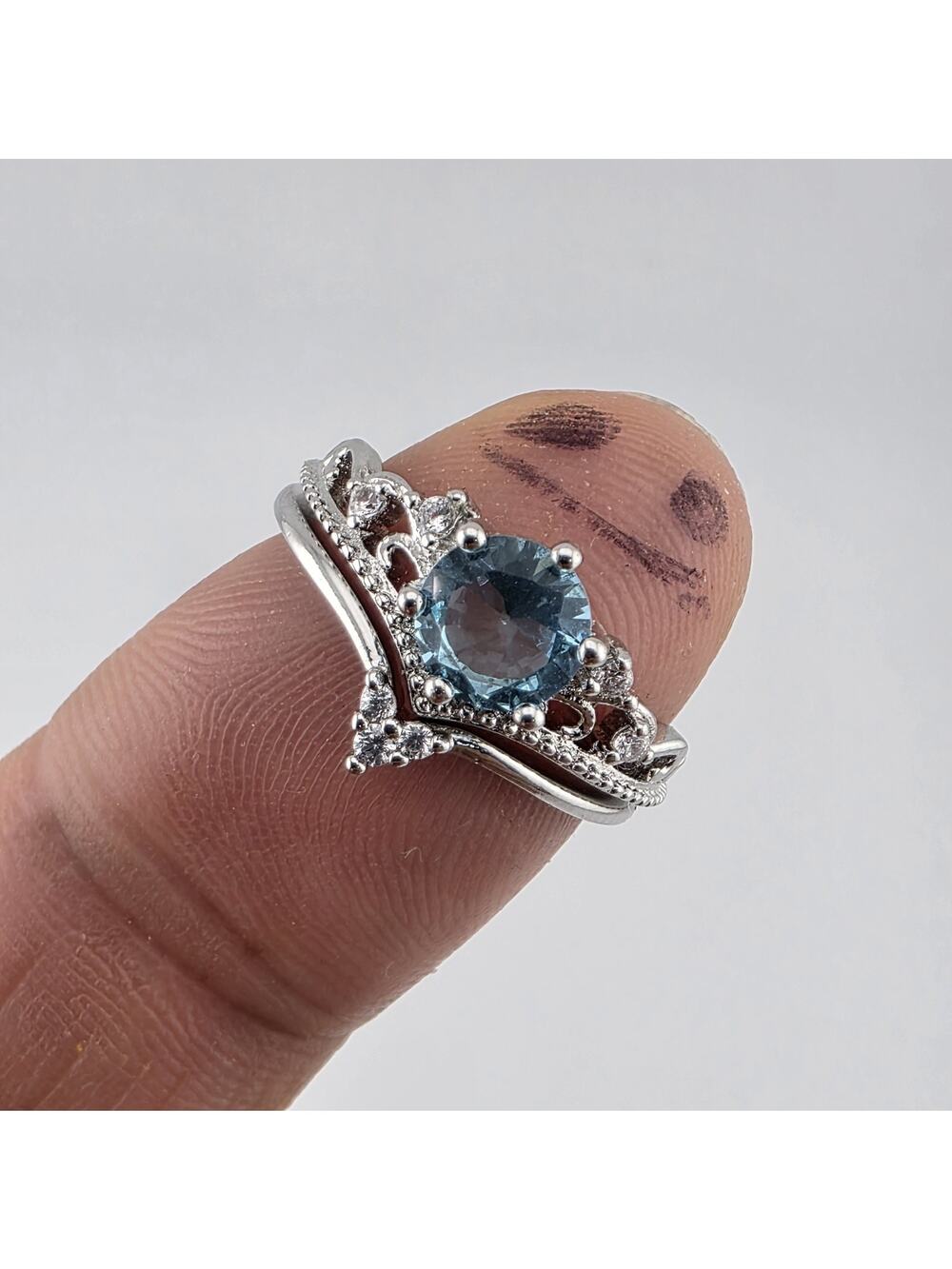 Silver Tone Blue Stone Tiara Ring Set 2 Pcs Size 7 New Cute Fashion costume